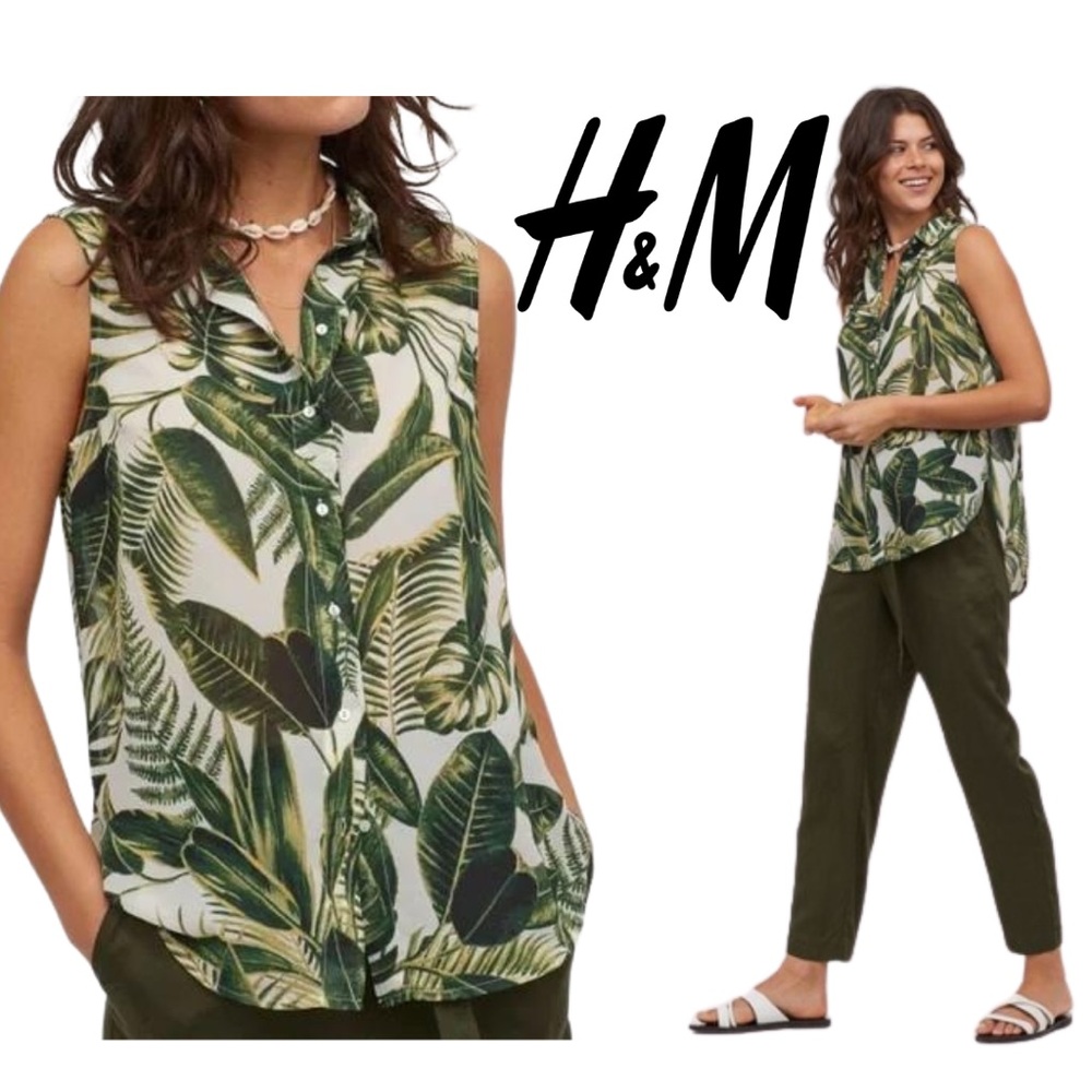 H&M Green Leaf Sheer Collared Sleeveless Button-Up Blouse - Size 8
